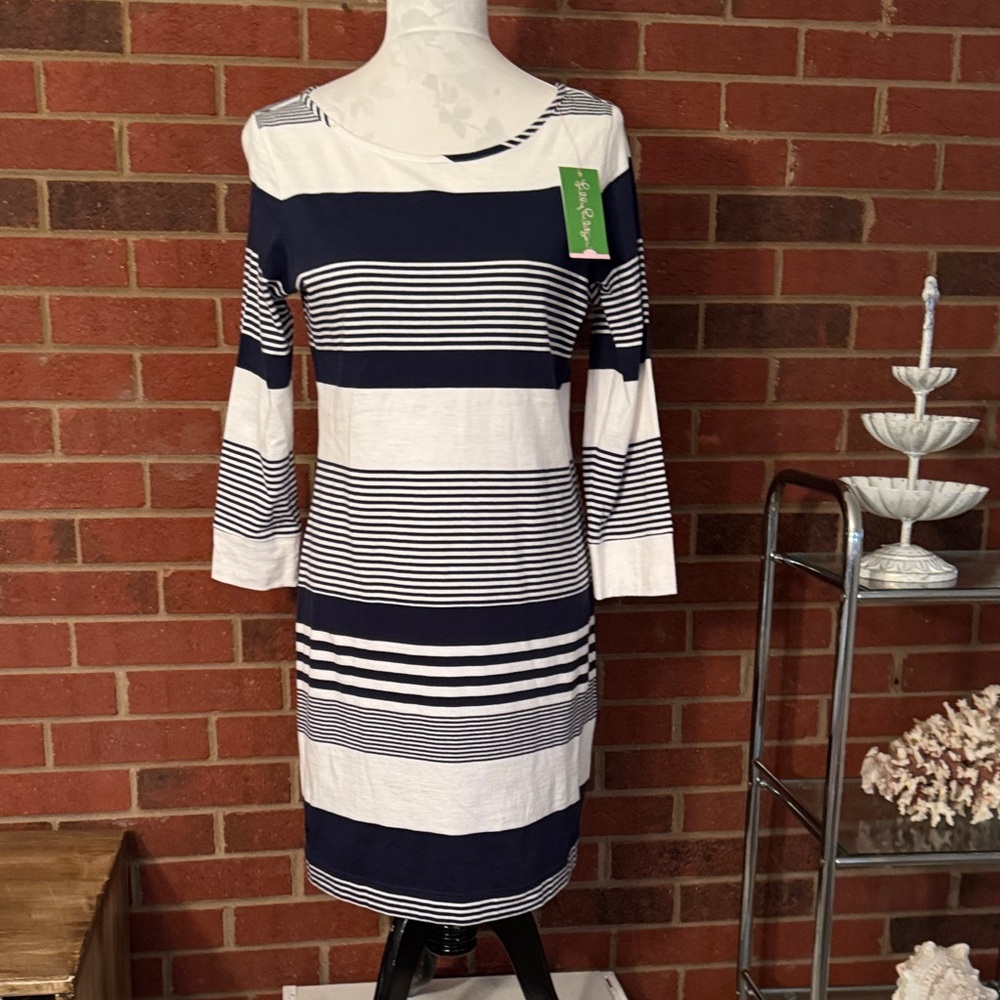 Lilly Pulitzer Navy & White Marlowe Coconut Stripe Pima Cotton Tee Shirt Dress
